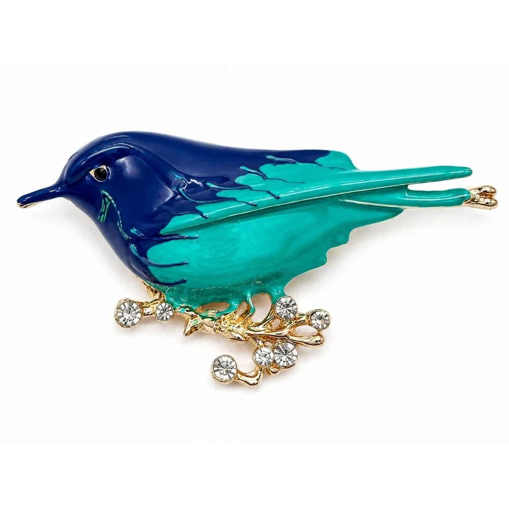 Blue Bird Brooch Gold Tone Enamel Rhinestone Perched Bird Pin Statement Jewelry